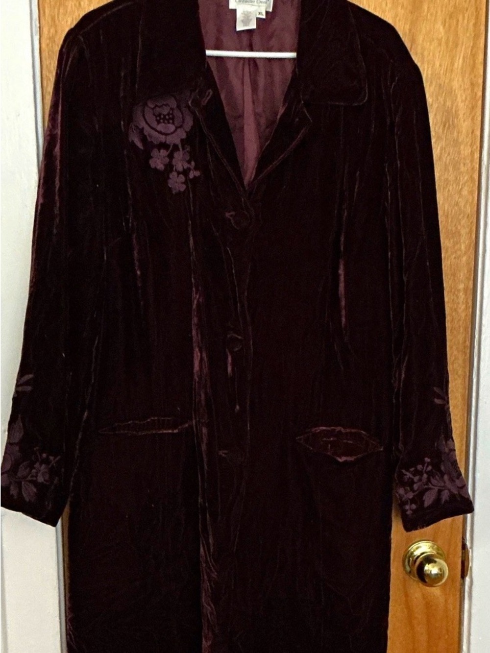 Coldwater Creek Velvet Long Trench Coat in Deep Burgundy